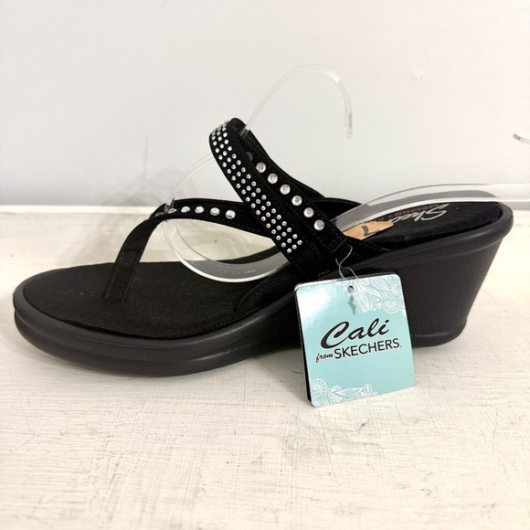 Skechers Black Rhinestone Cali Rumblers Comfort Slip On Wedge Sandals Size 7 - Picture 12 of 16